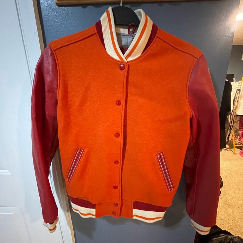 Orange Varsity leather & wool bomber Jacket size small ROOTS excellent condition